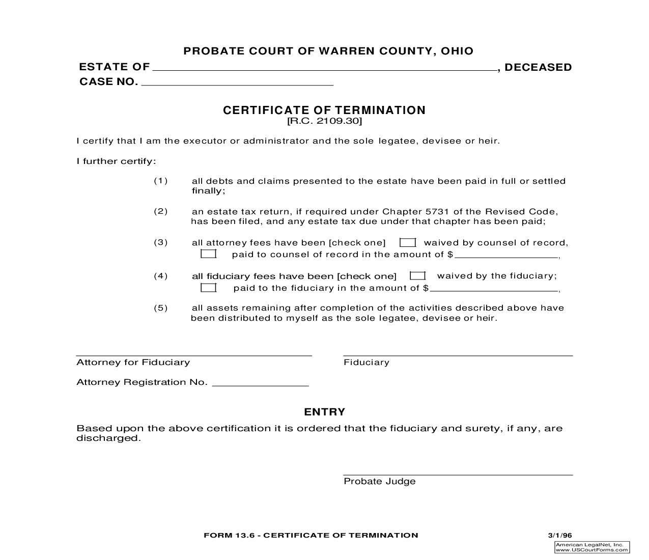 Certificate Of Termination {13.6} | Pdf Fpdf Doc Docx | Ohio