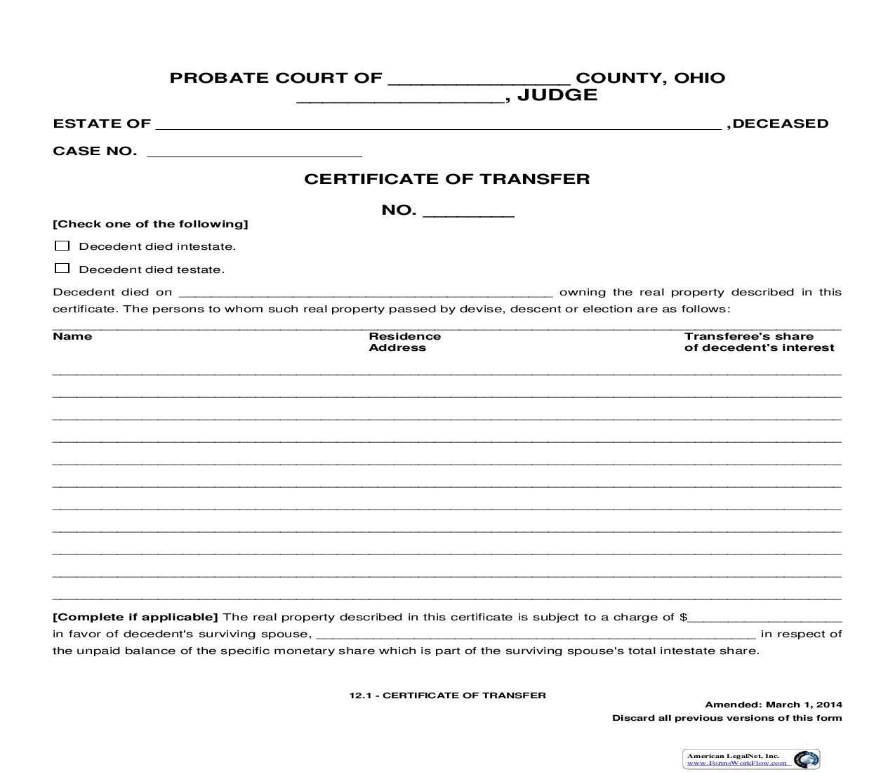 Certificate Of Transfer {12.1} | Pdf Fpdf Doc Docx | Ohio
