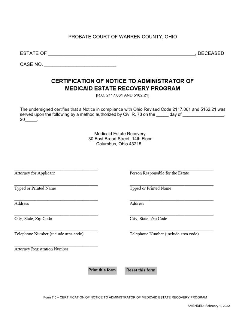 Certification Of Notice To Administrator Of Medicaid Estate Recovery {7.0} | Pdf Fpdf Doc Docx | Ohio