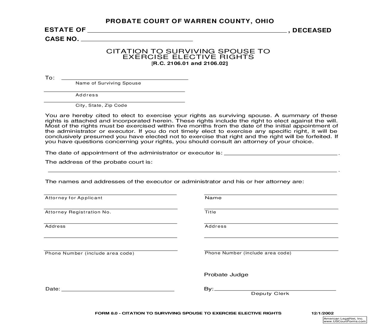 Citation To Surviving Spouse To Exercise Elective Rights {8.0} | Pdf Fpdf Doc Docx | Ohio