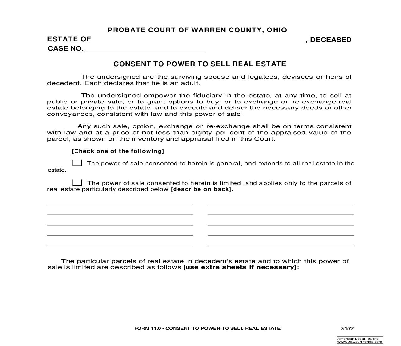 Consent To Power To Sell Real Estate {11.0} | Pdf Fpdf Doc Docx | Ohio