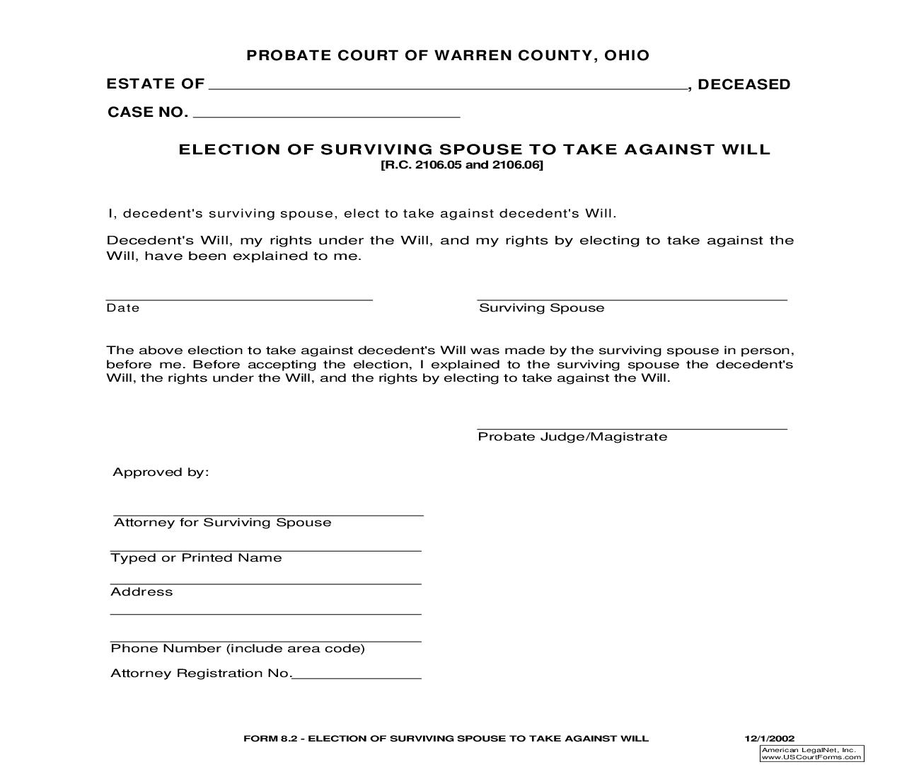 Election Of Surviving Spouse To Take Against Will {8.2} | Pdf Fpdf Doc Docx | Ohio