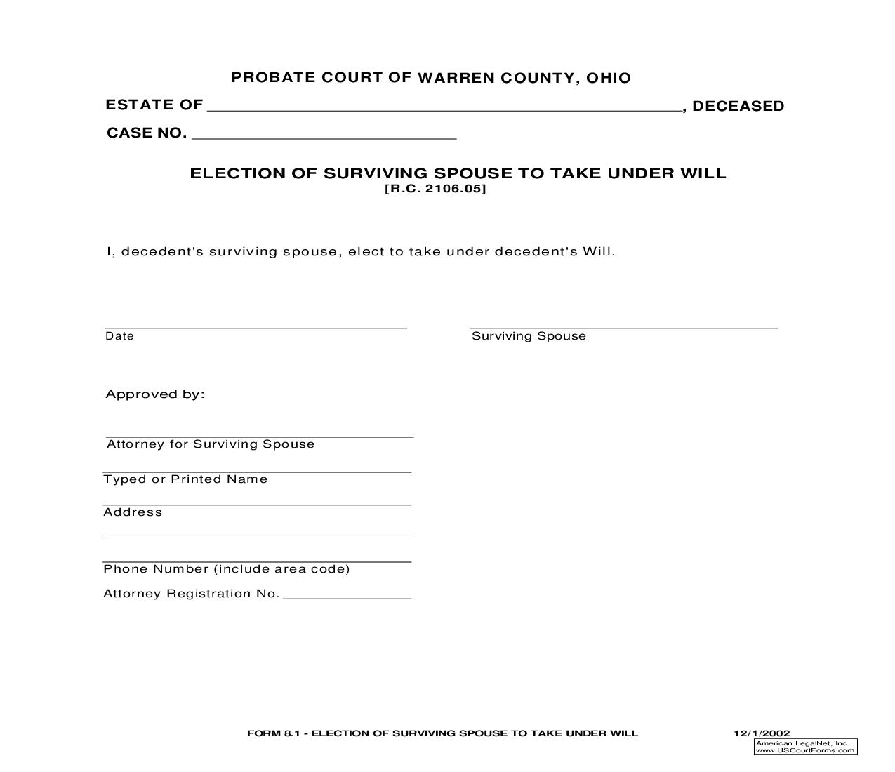 Election Of Surviving Spouse To Take Under Will {8.1} | Pdf Fpdf Doc Docx | Ohio