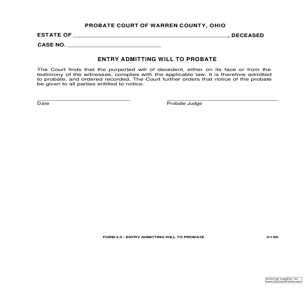 Entry Admitting Will To Probate {2.3} | Pdf Fpdf Doc Docx | Ohio