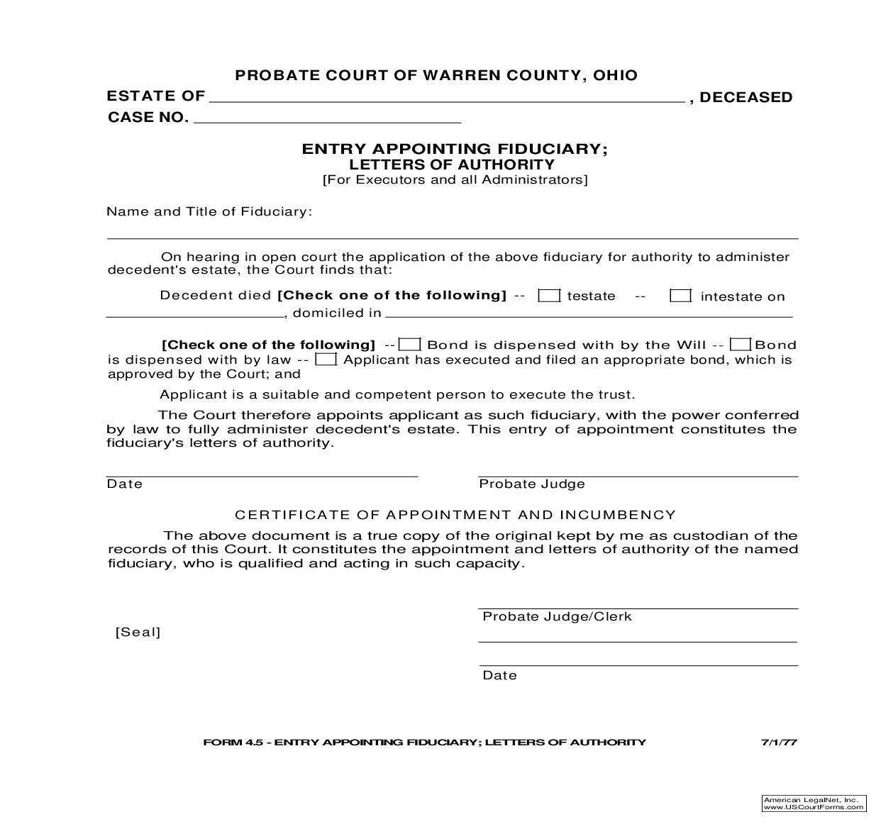 Entry Appointing Fiduciary {4.5} | Pdf Fpdf Doc Docx | Ohio