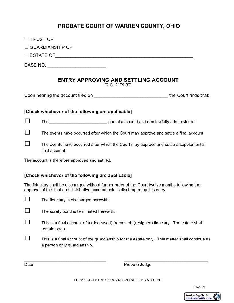 Entry Approving And Settling Account {13.3} | Pdf Fpdf Docx | Ohio
