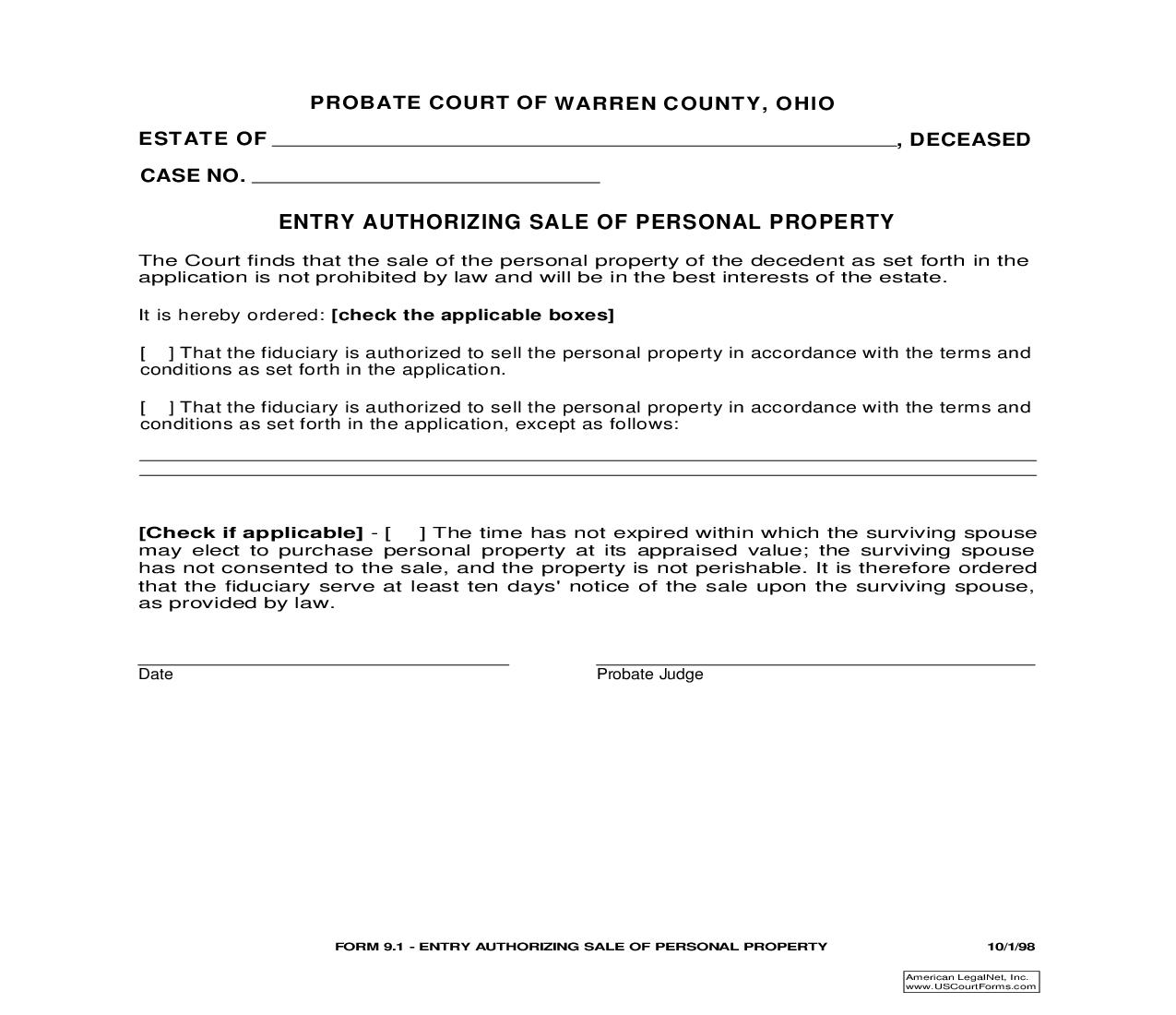 Entry Authorizing Sale Of Personal Property {9.1} | Pdf Fpdf Doc Docx | Ohio