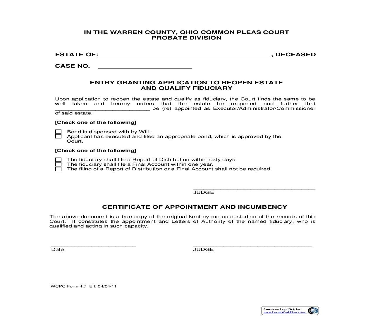 Entry Granting Application To Reopen Estate And Qualify Fiduciary {4.7} | Pdf Fpdf Doc Docx | Ohio