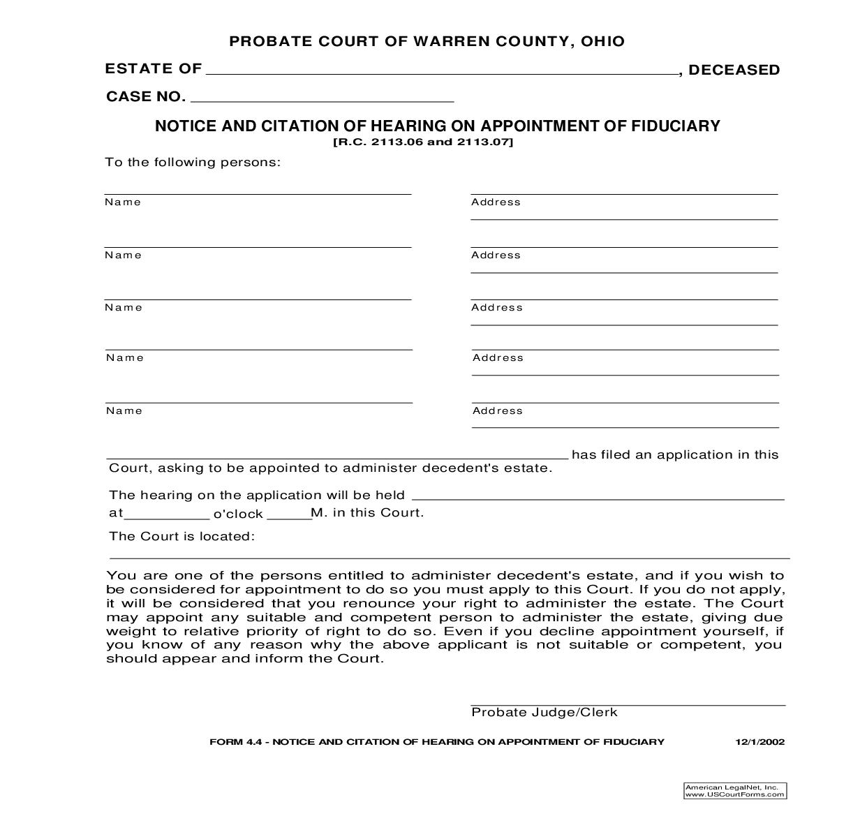 Notice And Citation Of Hearing On Appointment Of Fiduciary {4.4} | Pdf Fpdf Doc Docx | Ohio