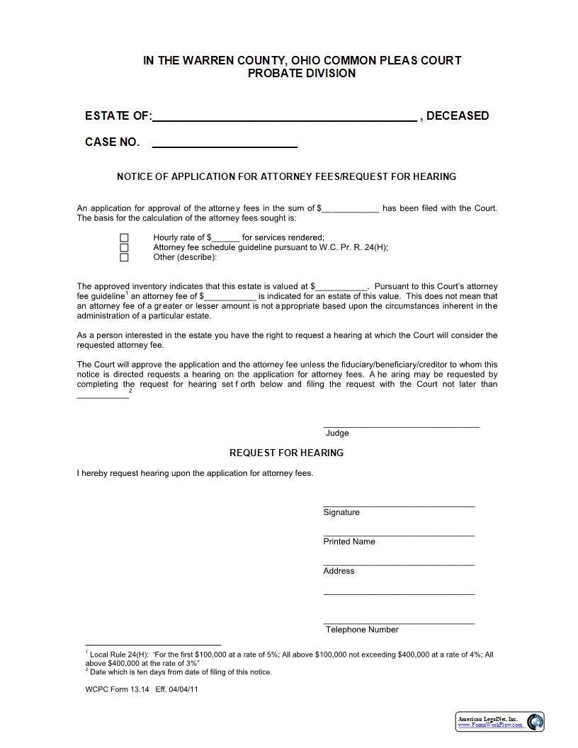 Notice Of Application For Attorney Fees Or Request For Hearing {13.14} | Pdf Fpdf Docx | Ohio