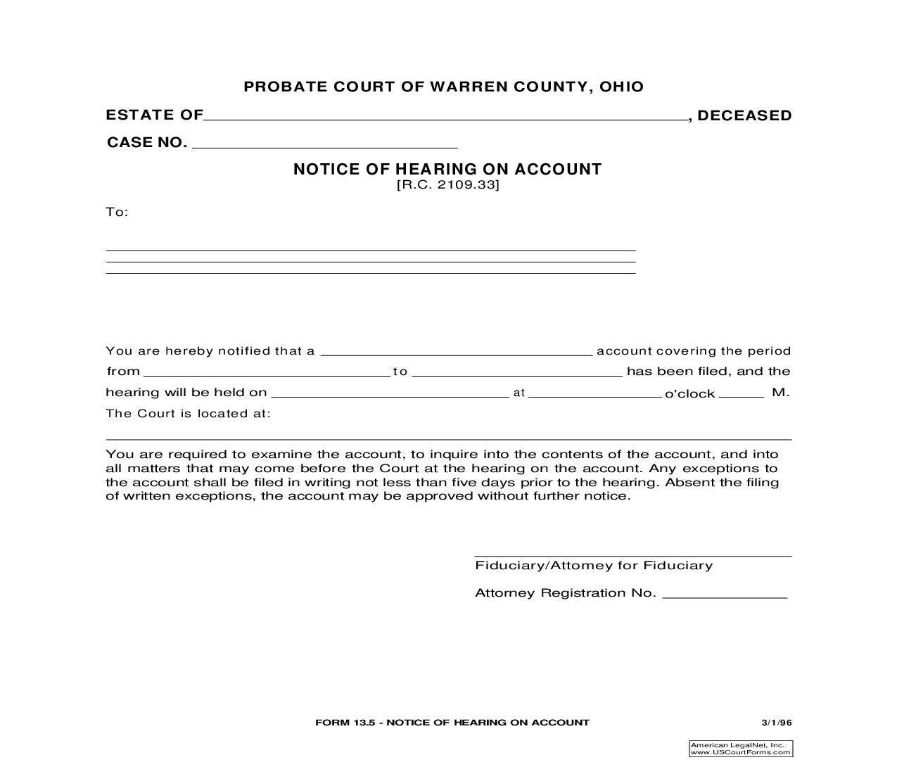 Notice Of Hearing On Account {13.5} | Pdf Fpdf Doc Docx | Ohio