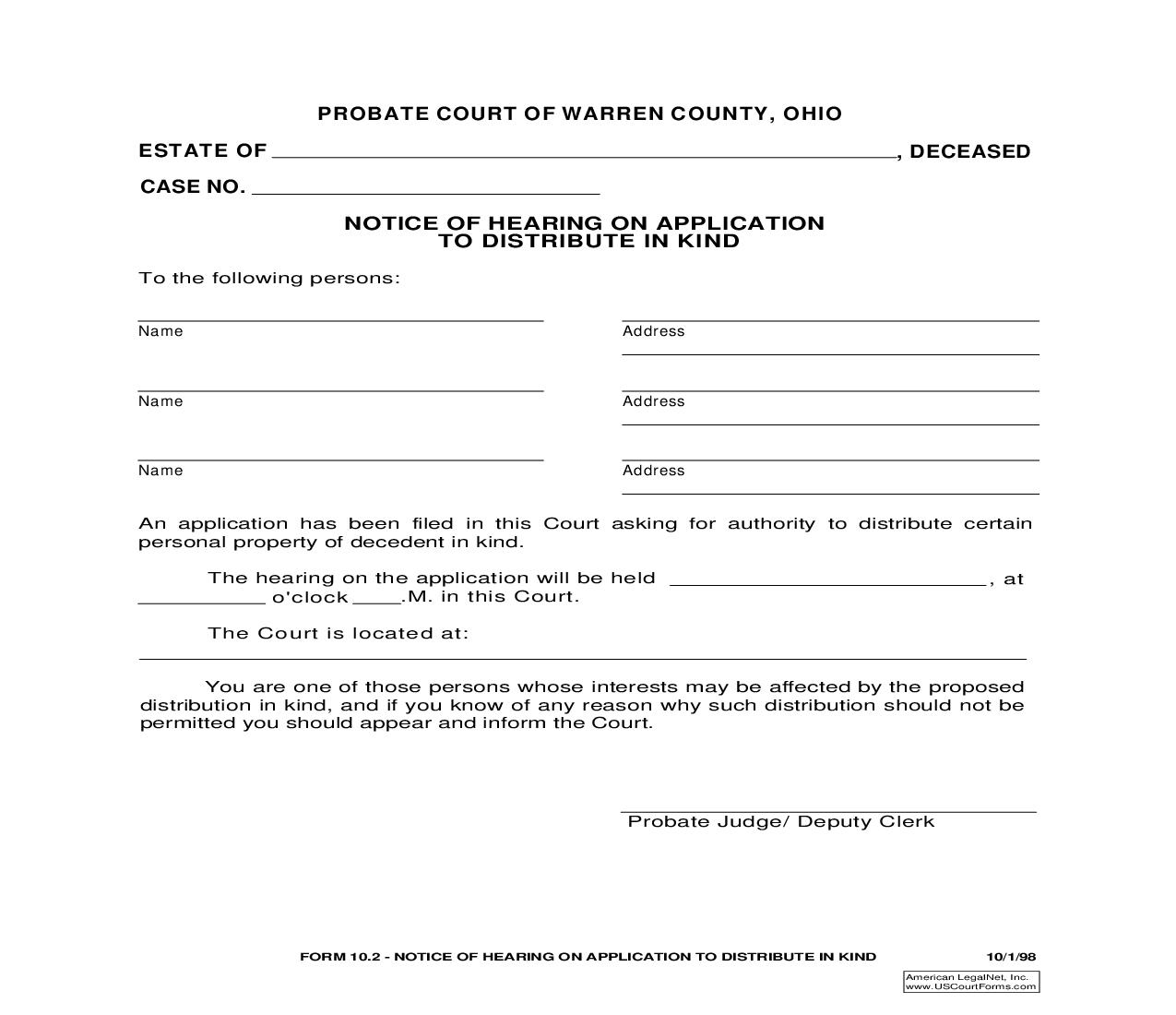 Notice Of Hearing On Application To Distribute In Kind {10.2} | Pdf Fpdf Doc Docx | Ohio