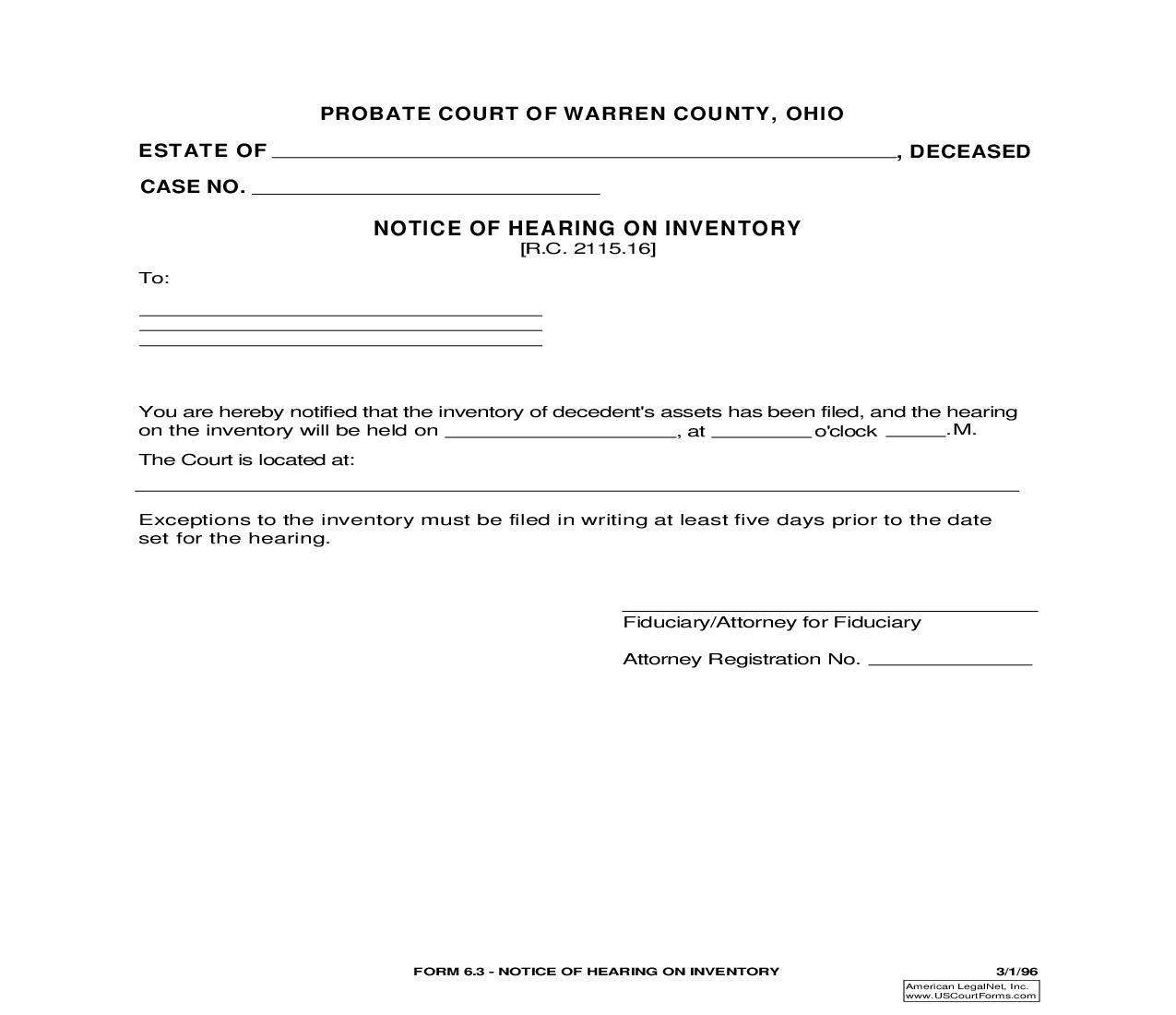 Notice Of Hearing On Inventory {6.3} | Pdf Fpdf Doc Docx | Ohio
