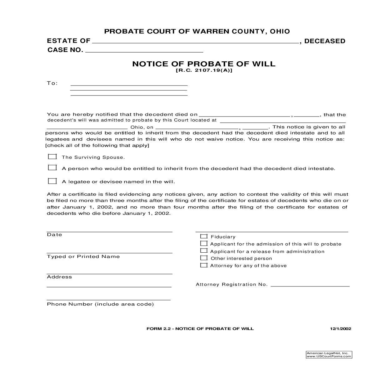 Notice Of Probate Of Will {2.2} | Pdf Fpdf Doc Docx | Ohio