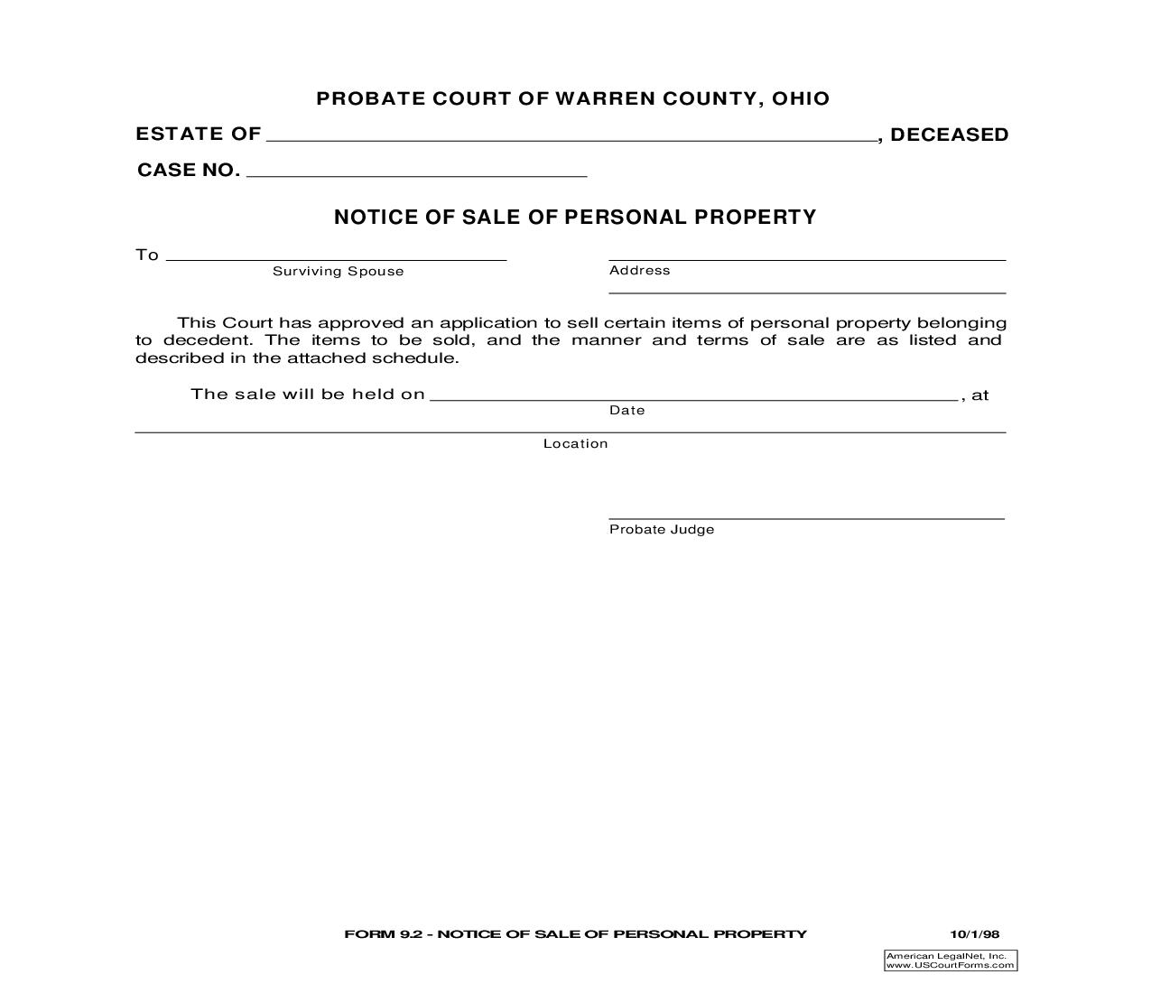 Notice Of Sale Of Personal Property {9.2} | Pdf Fpdf Doc Docx | Ohio
