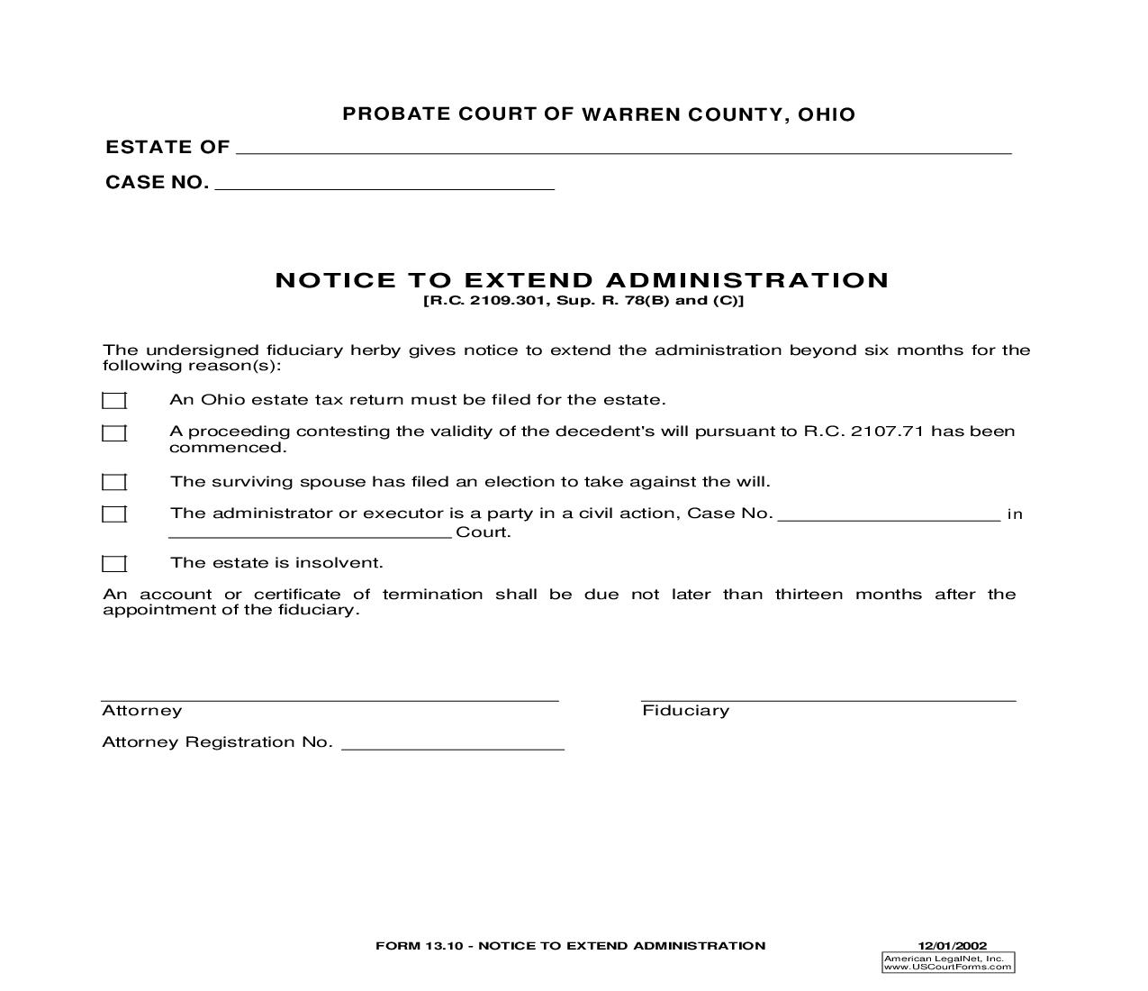 Notice To Extend Administration {13.10} | Pdf Fpdf Doc Docx | Ohio