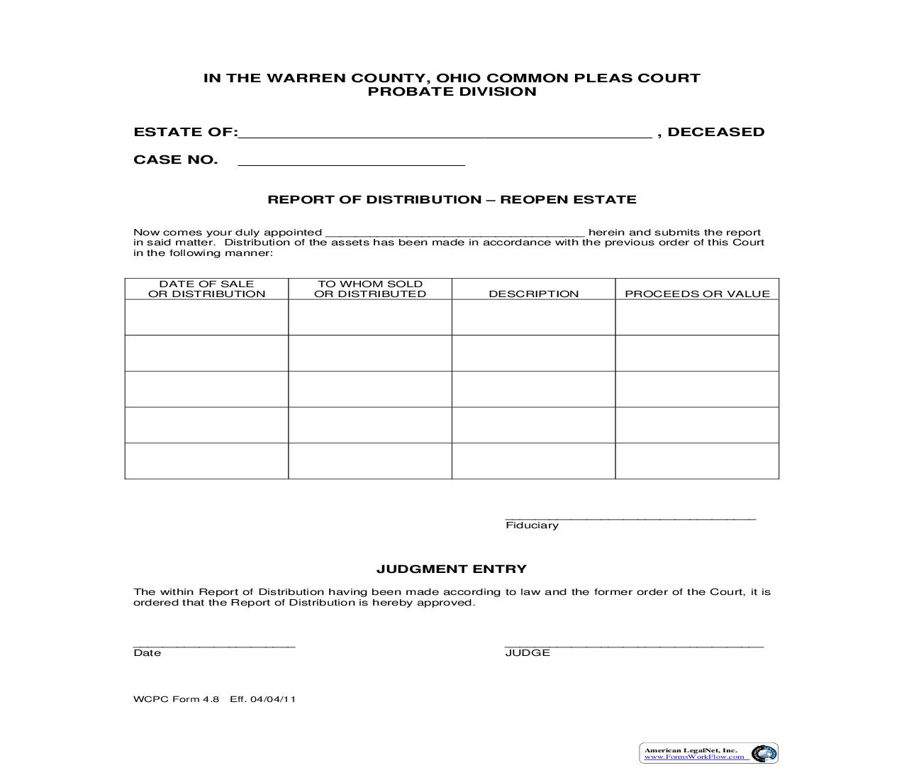 Report Of Distribution Reopen Estate {4.8} | Pdf Fpdf Doc Docx | Ohio