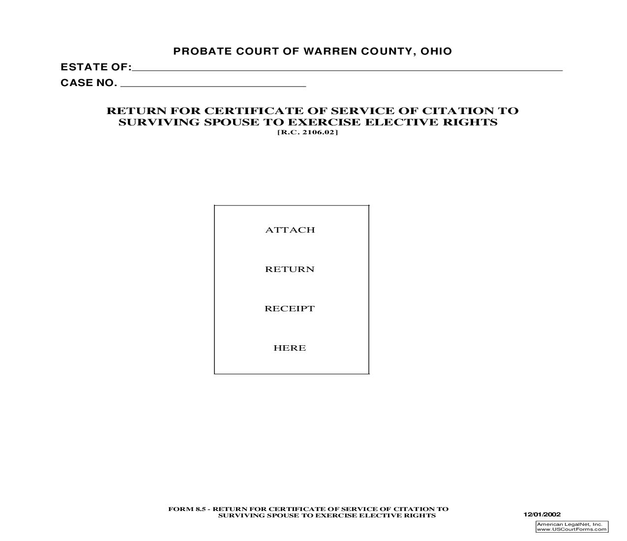 Return For Certificate Of Service Of Citation To Surviving Spouse {8.5} | Pdf Fpdf Doc Docx | Ohio