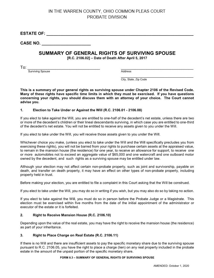 Summary Of General Rights Of Surviving Spouse {8.3} | Pdf Fpdf Doc Docx | Ohio