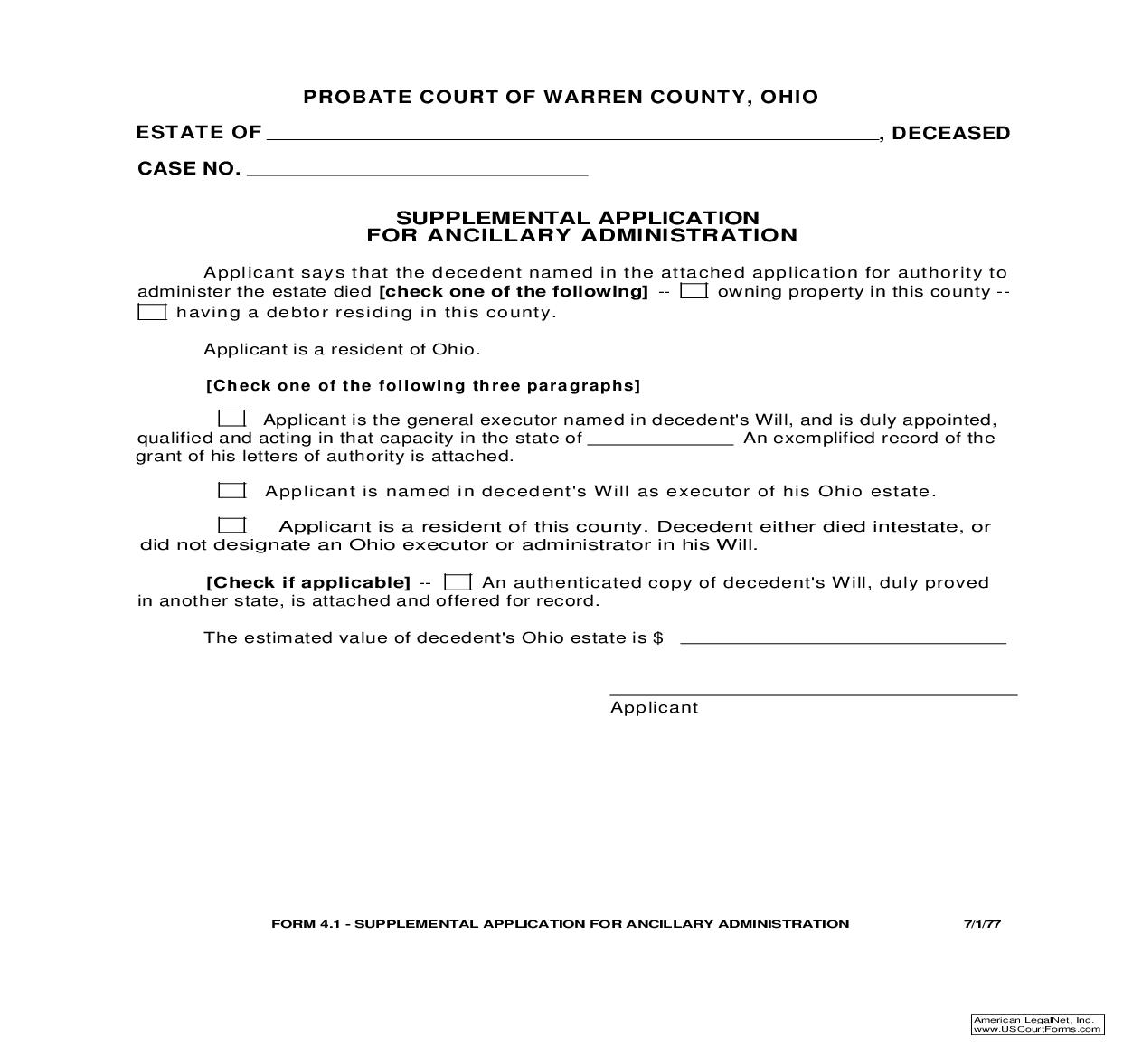 Supplemental Application For Ancillary Administration {4.1} | Pdf Fpdf Doc Docx | Ohio