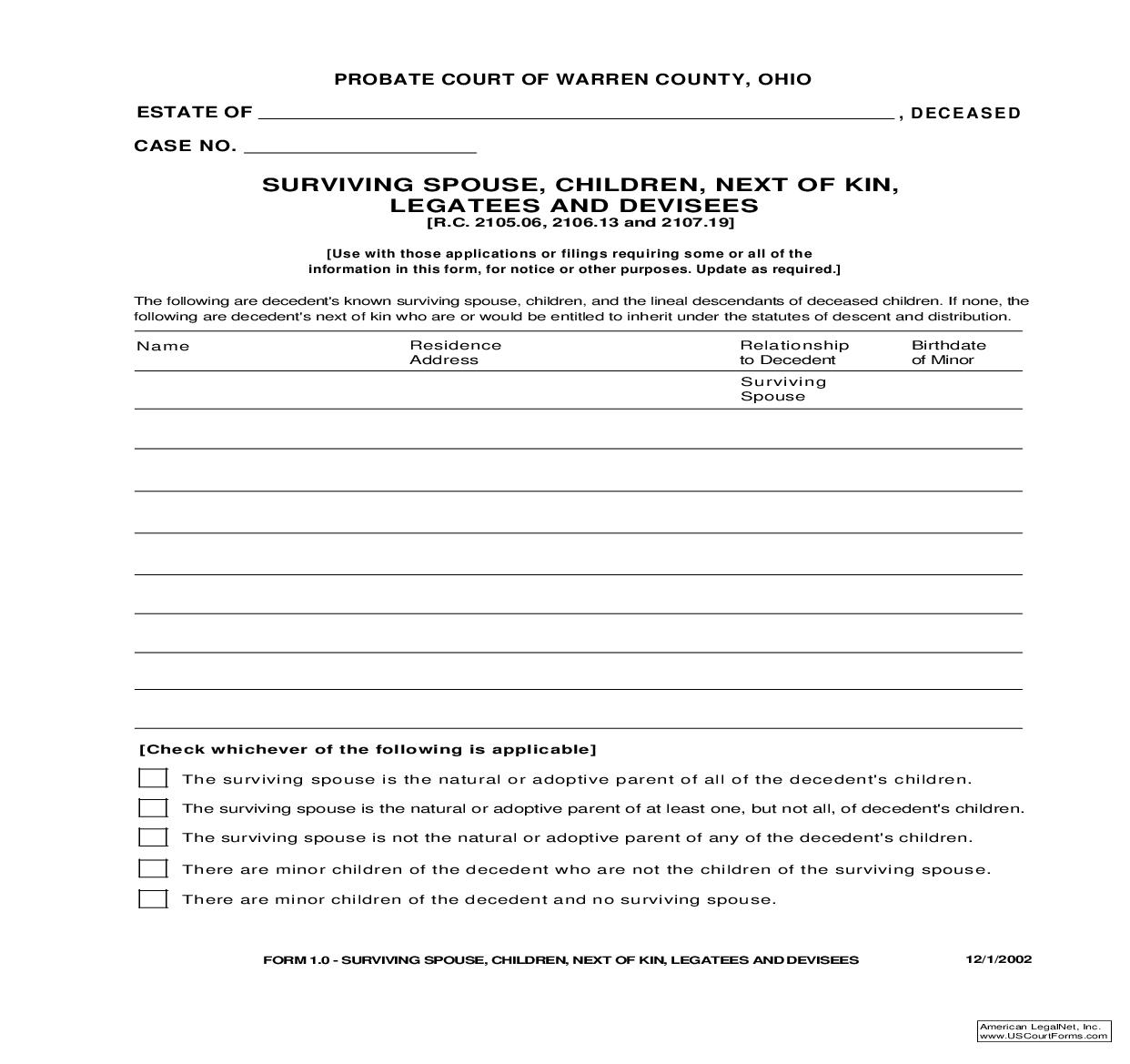 Surviving Spouse Children Next Of Kin {1.0} | Pdf Fpdf Doc Docx | Ohio