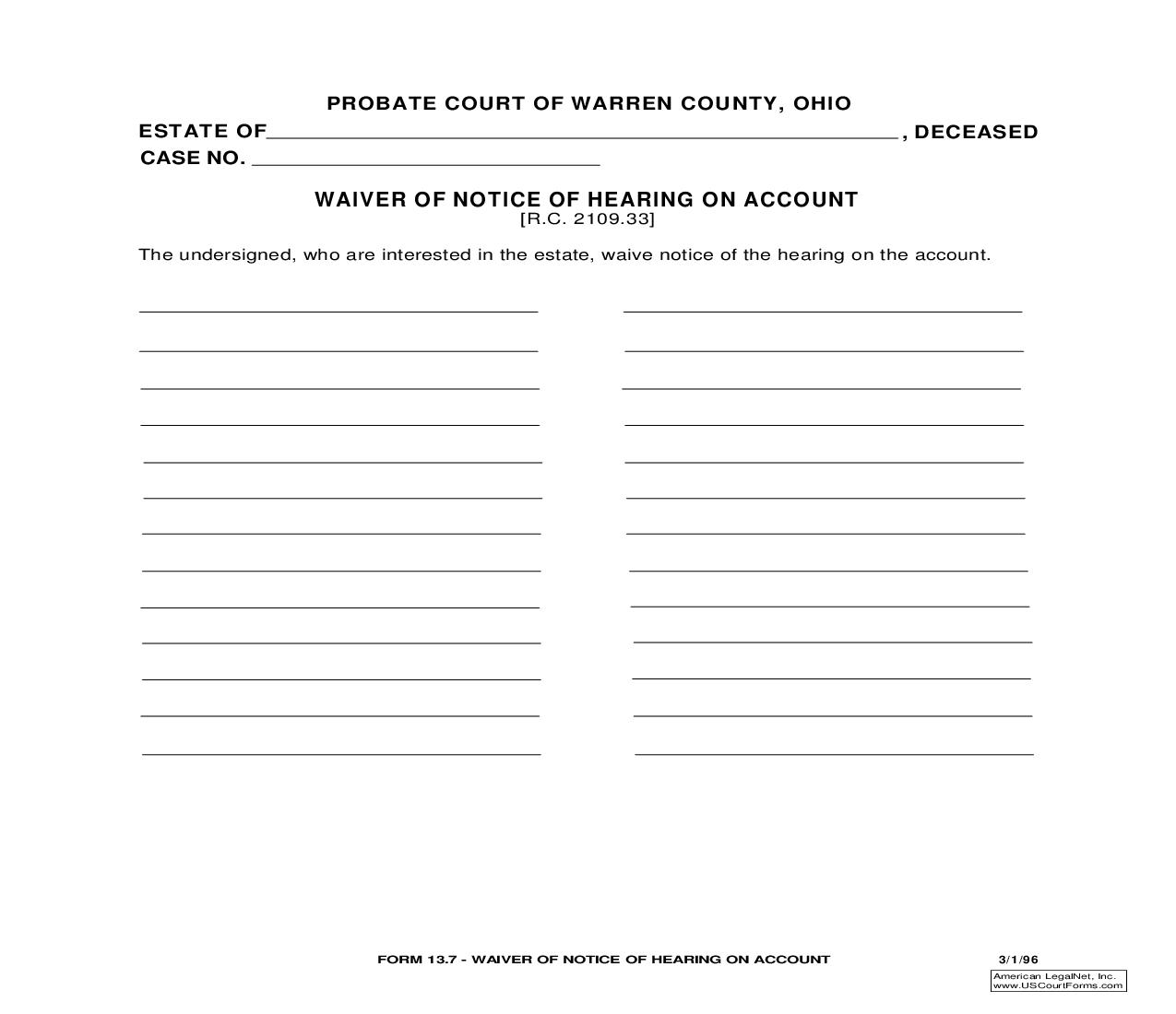 Waiver Of Notice Of Hearing On Account {13.7} | Pdf Fpdf Doc Docx | Ohio