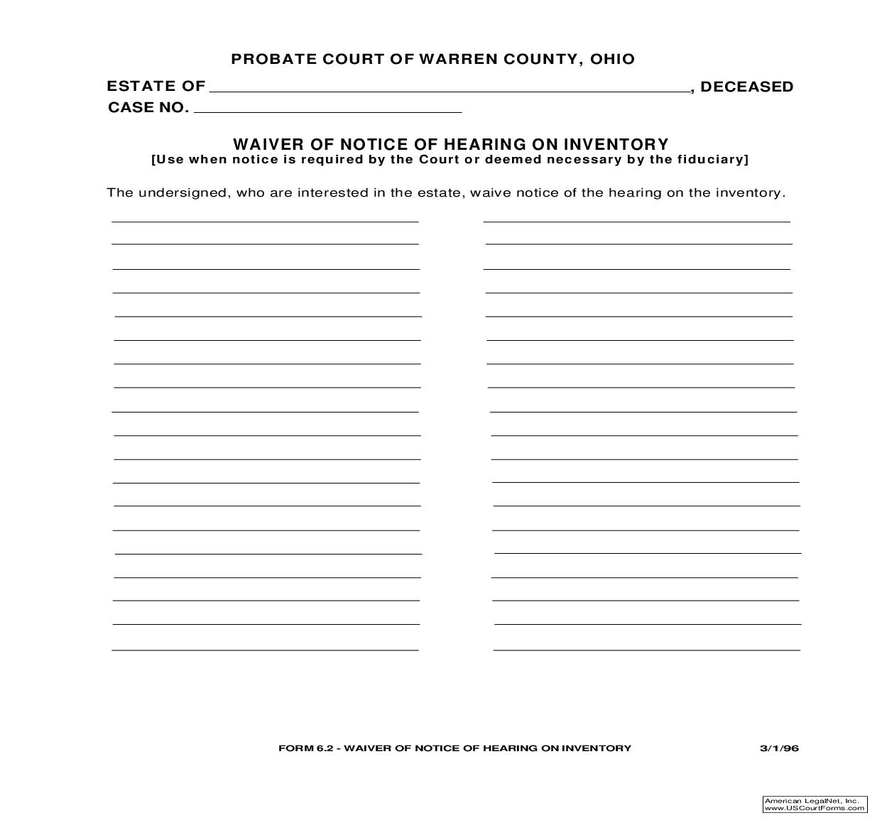 Waiver Of Notice Of Hearing On Inventory {6.2} | Pdf Fpdf Doc Docx | Ohio