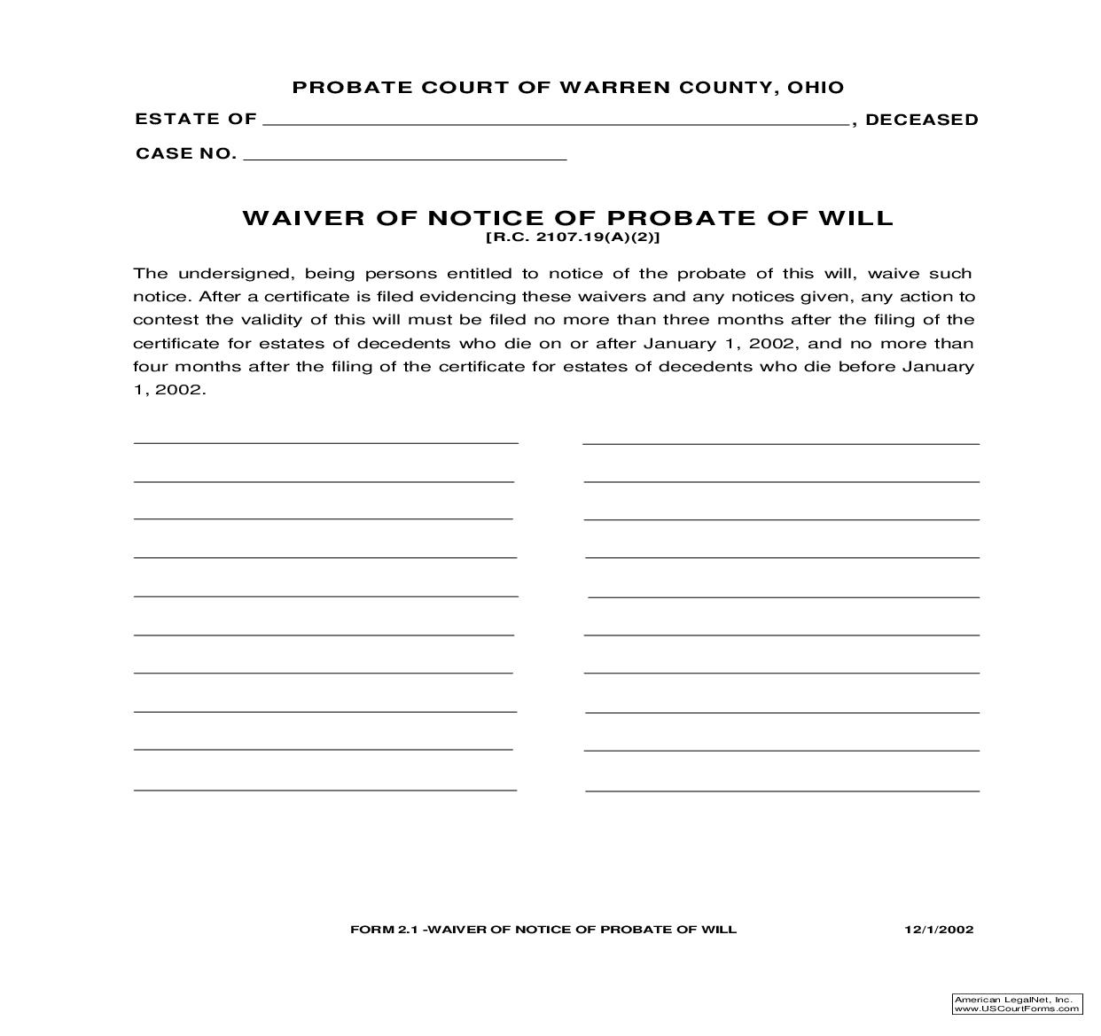 Waiver Of Notice Of Probate Of Will {2.1} | Pdf Fpdf Doc Docx | Ohio