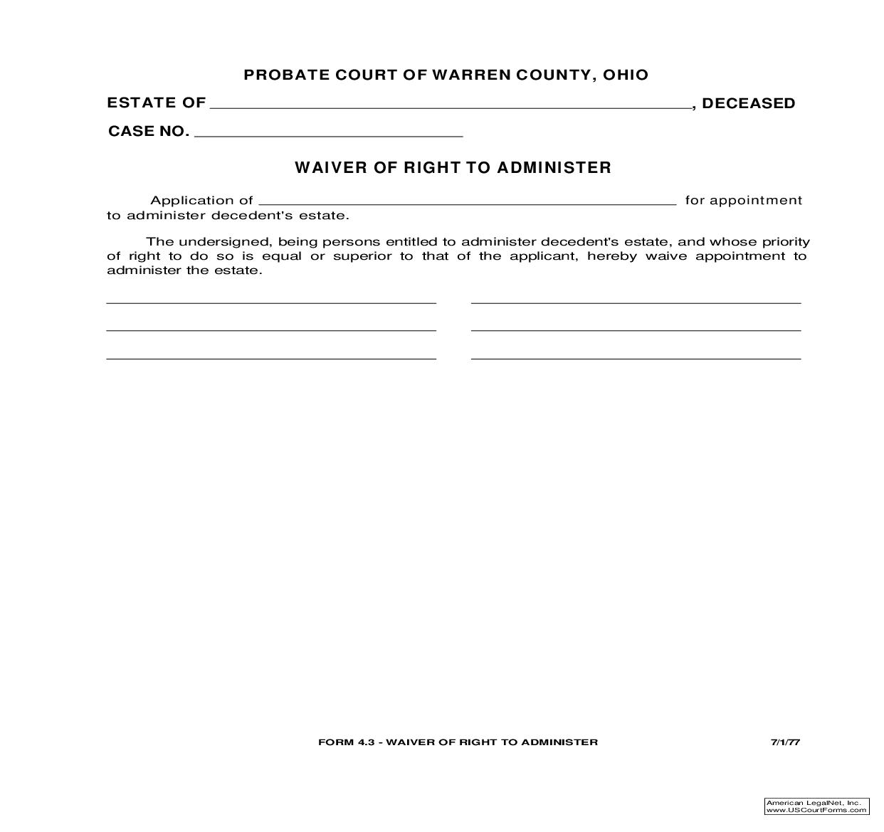 Waiver Of Right To Administer {4.3} | Pdf Fpdf Doc Docx | Ohio