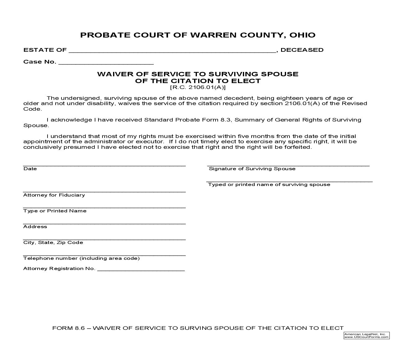 Waiver Of Service To Surviving Spouse Of The Citation To Elect {8.6} | Pdf Fpdf Doc Docx | Ohio
