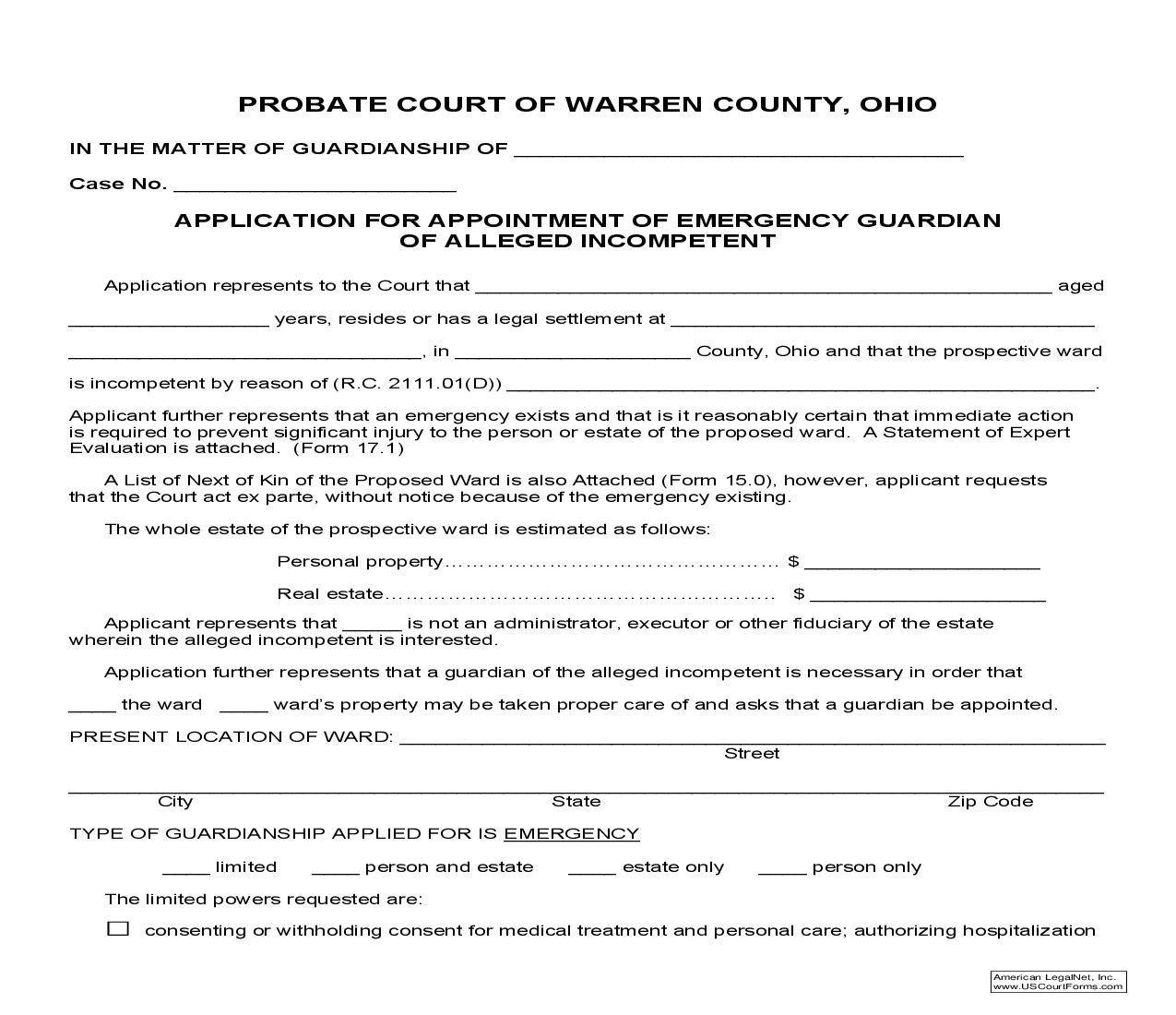 Application For Appointment Of Emergency Guardian Of Alleged Incompetent | Pdf Fpdf Doc Docx | Ohio