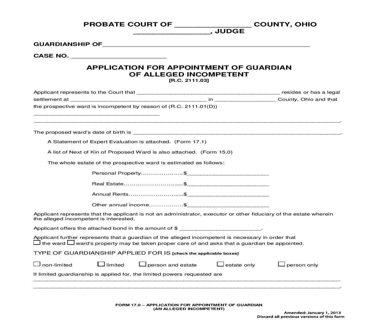 Application For Appointment Of Guardian Of Alleged Incompetent {17.0} | Pdf Fpdf Doc Docx | Ohio