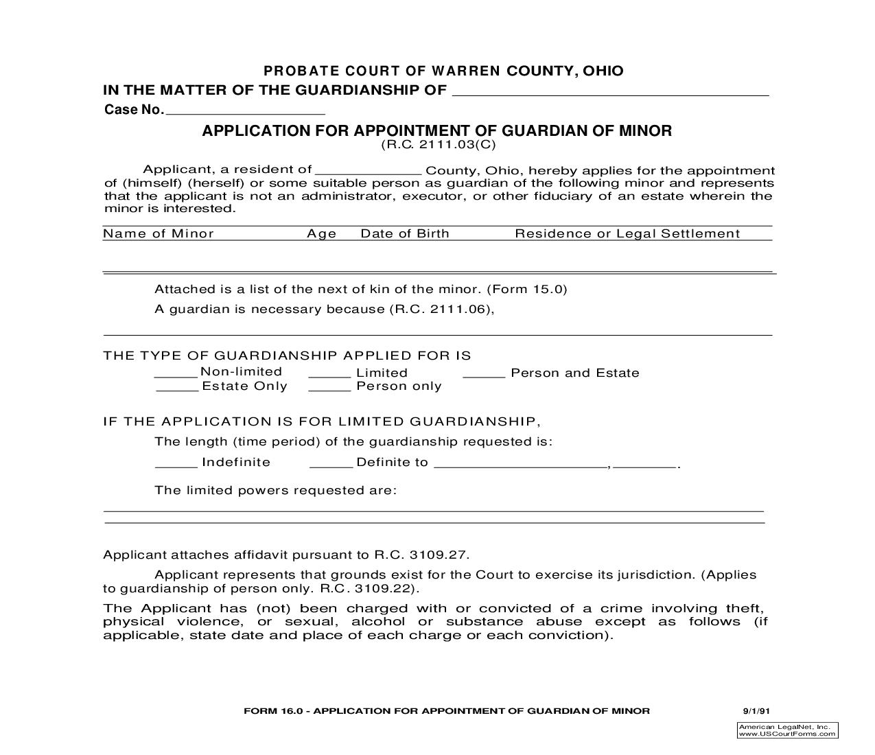 Application For Appointment Of Guardian Of Minor {16.0} | Pdf Fpdf Doc Docx | Ohio