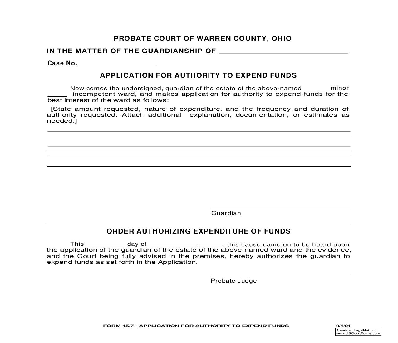Application For Authority To Expend Funds {15.7} | Pdf Fpdf Doc Docx | Ohio
