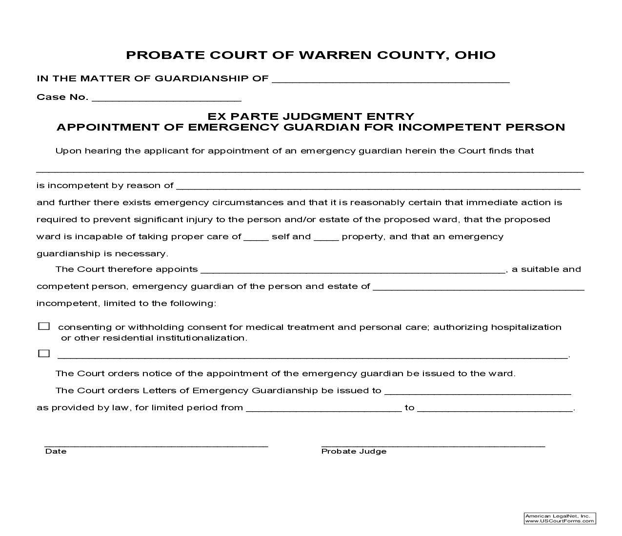 Ex Parte Judgment Entry Appointment Of Emergency Guardian For Incompetent Person | Pdf Fpdf Doc Docx | Ohio
