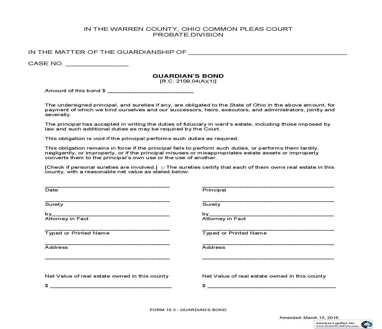 Guardians Bond {15.3} | Pdf Fpdf Doc Docx | Ohio