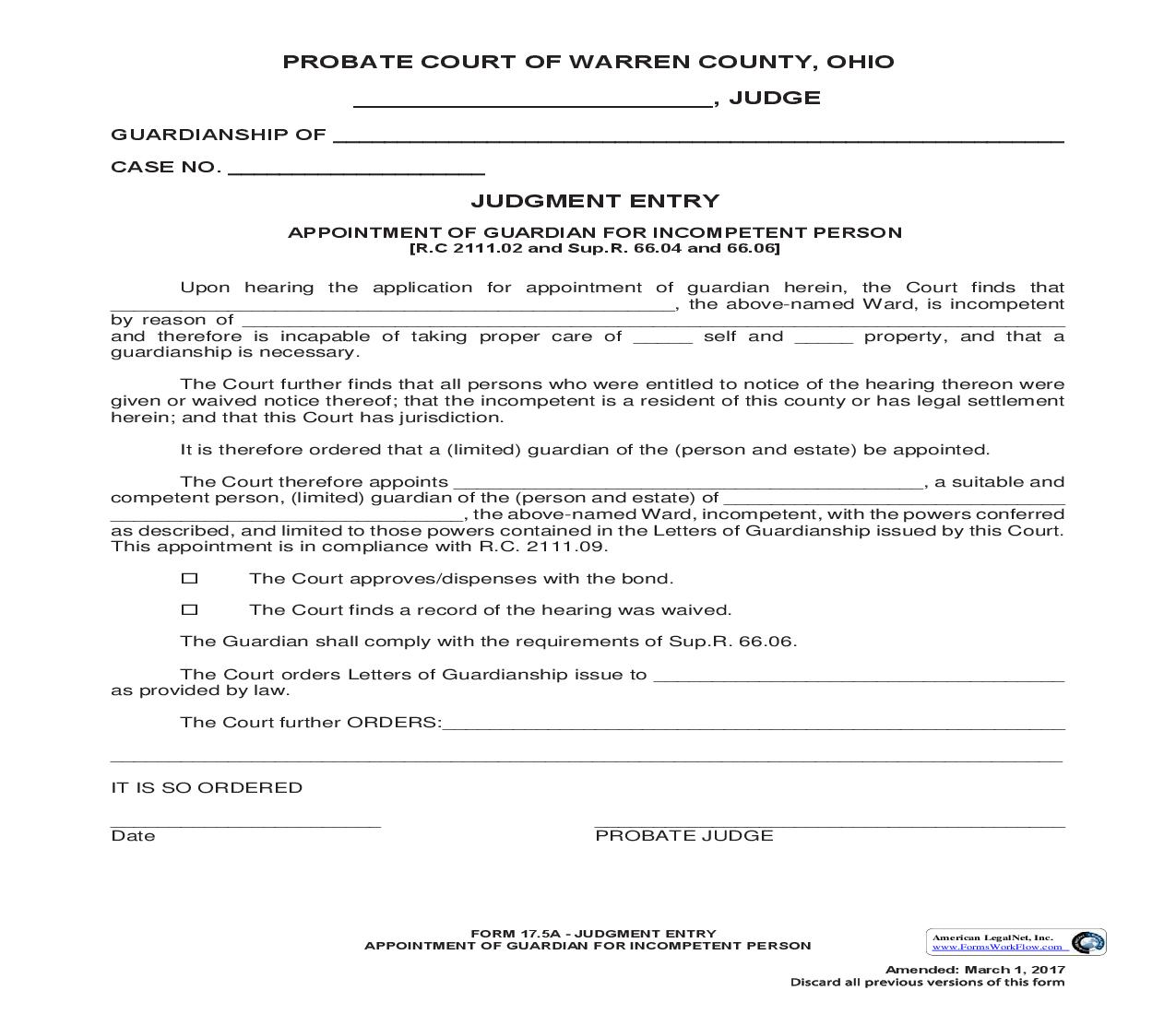 Judgment Entry Appointment Of Guardian For Incompetent Person {17.5A} | Pdf Fpdf Doc Docx | Ohio