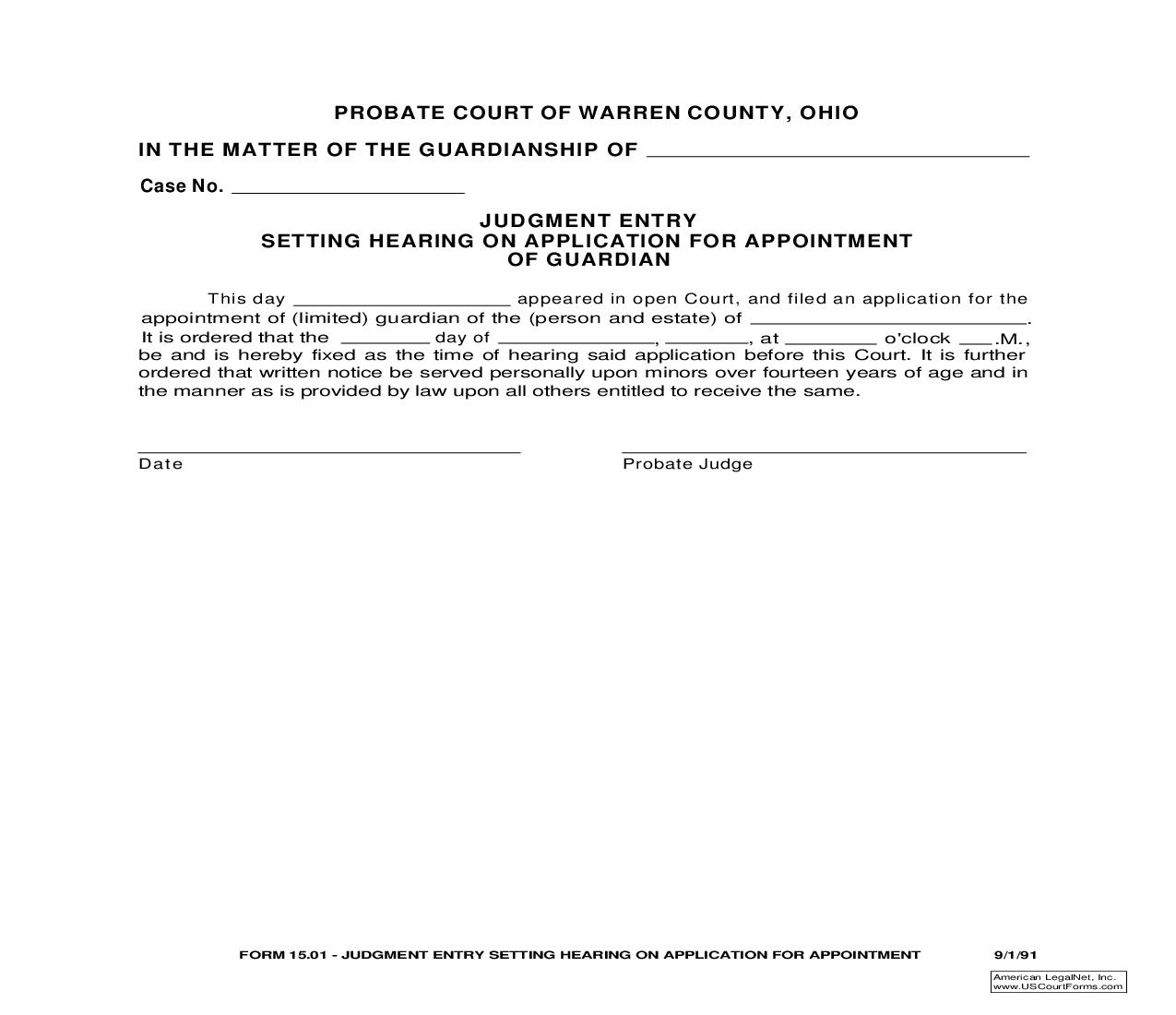 Judgment Entry Setting Hearing On Application For Appointment {15.01} | Pdf Fpdf Doc Docx | Ohio