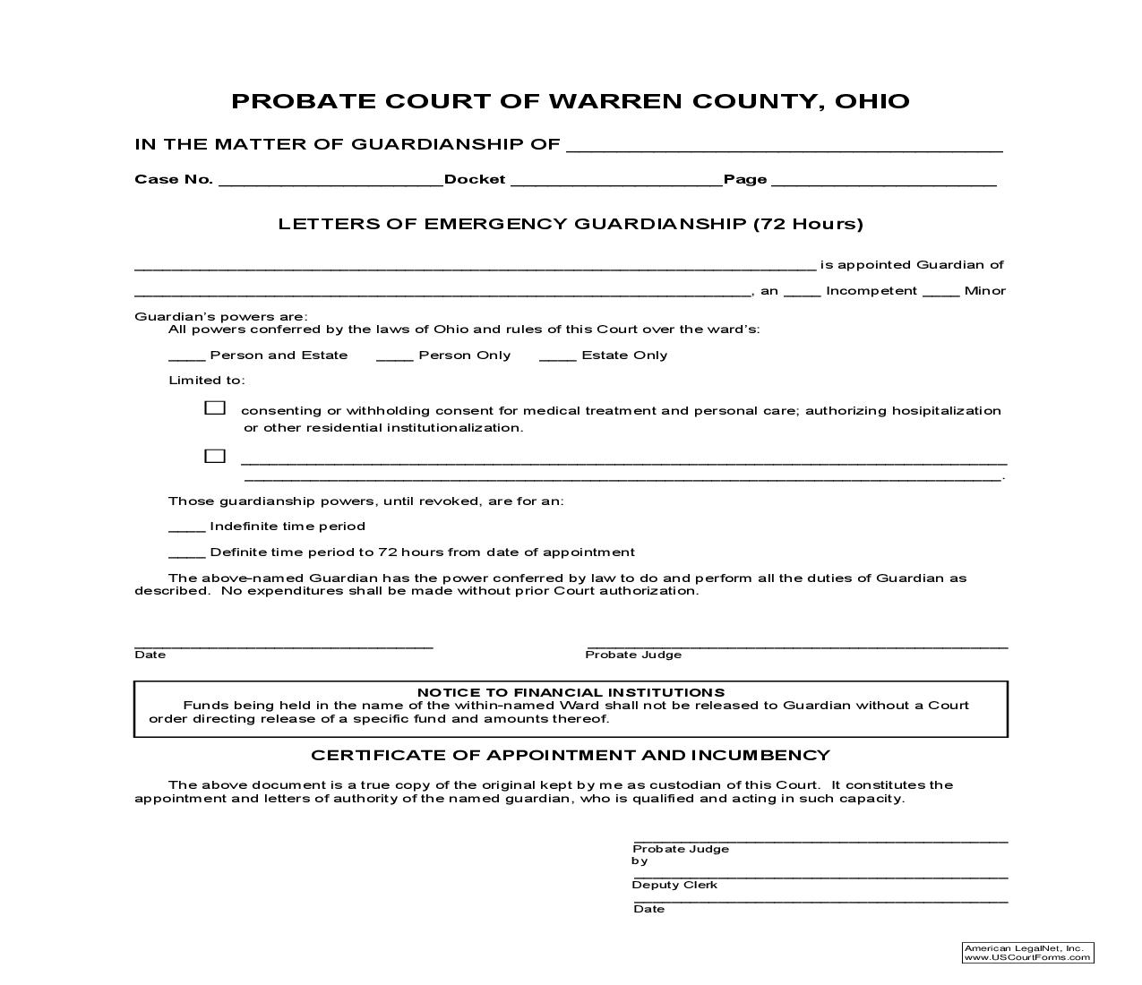 Letters Of Emergency Guardianship-72 Hours | Pdf Fpdf Doc Docx | Ohio