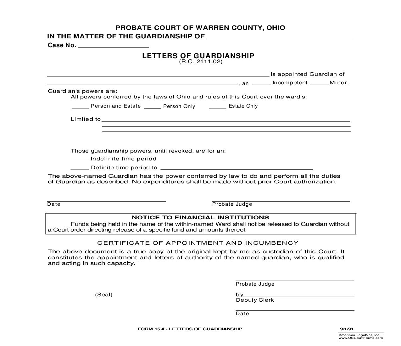Letters Of Guardianship {15.4} | Pdf Fpdf Doc Docx | Ohio