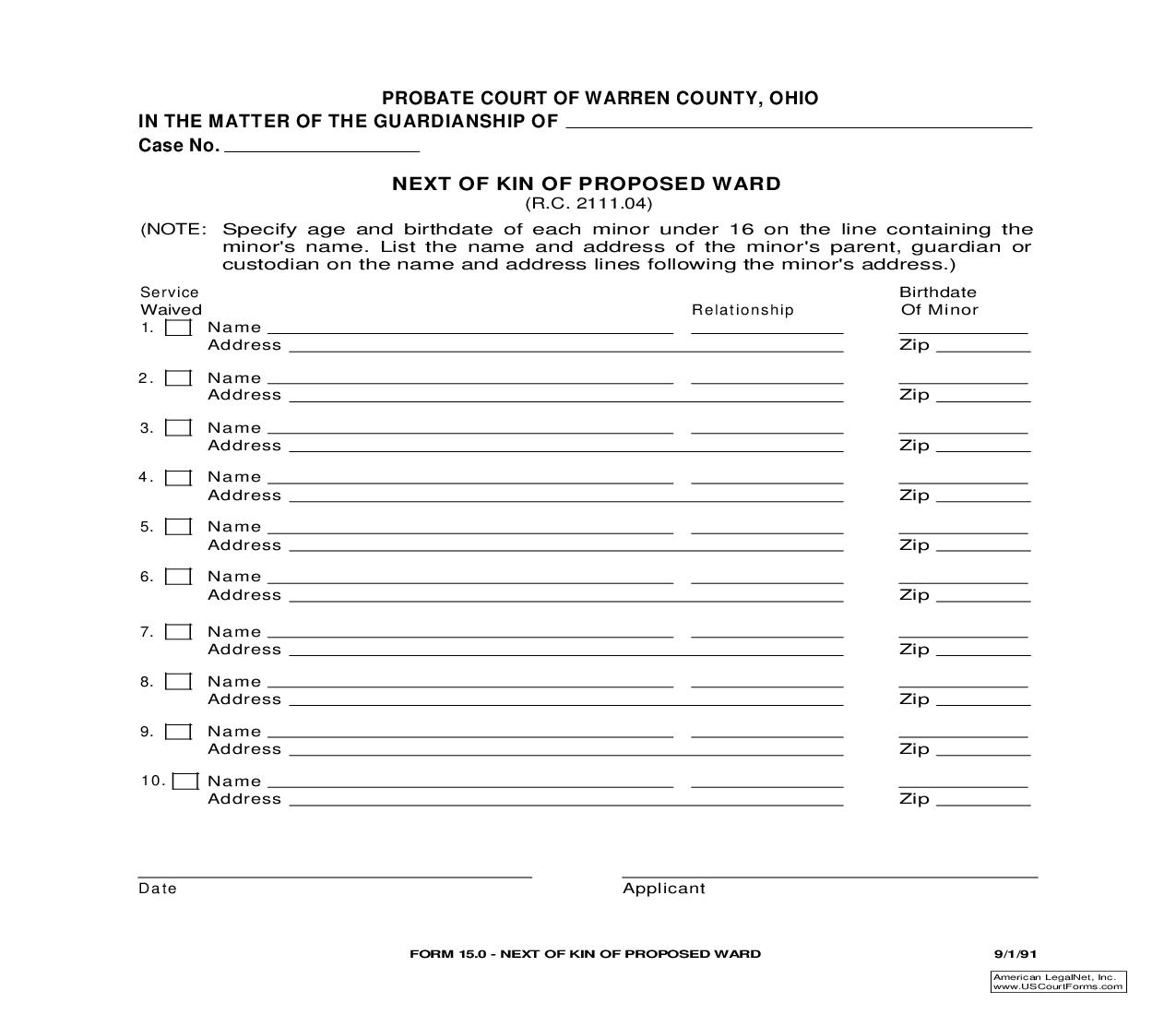 Next Of Kin Of Proposed Ward {15.0} | Pdf Fpdf Doc Docx | Ohio