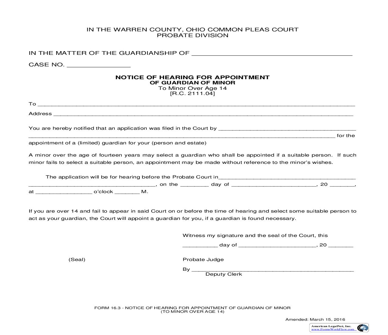 Notice Of Hearing For Appointment Of Guardian Of Minor {16.3} | Pdf Fpdf Doc Docx | Ohio