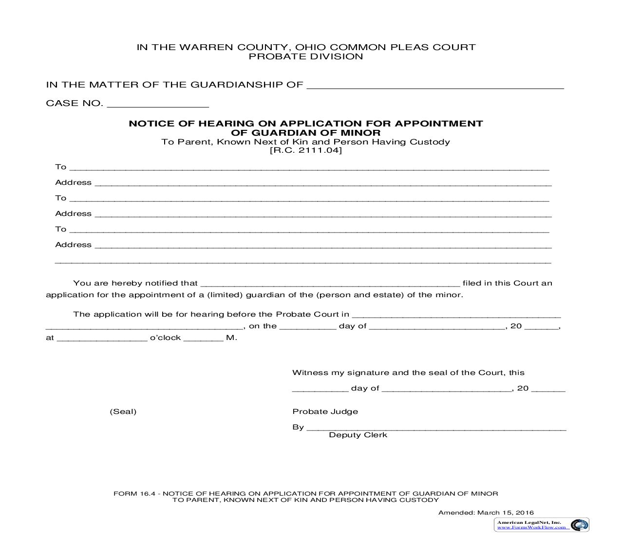 Notice Of Hearing On Application For Appointment {16.4} | Pdf Fpdf Doc Docx | Ohio