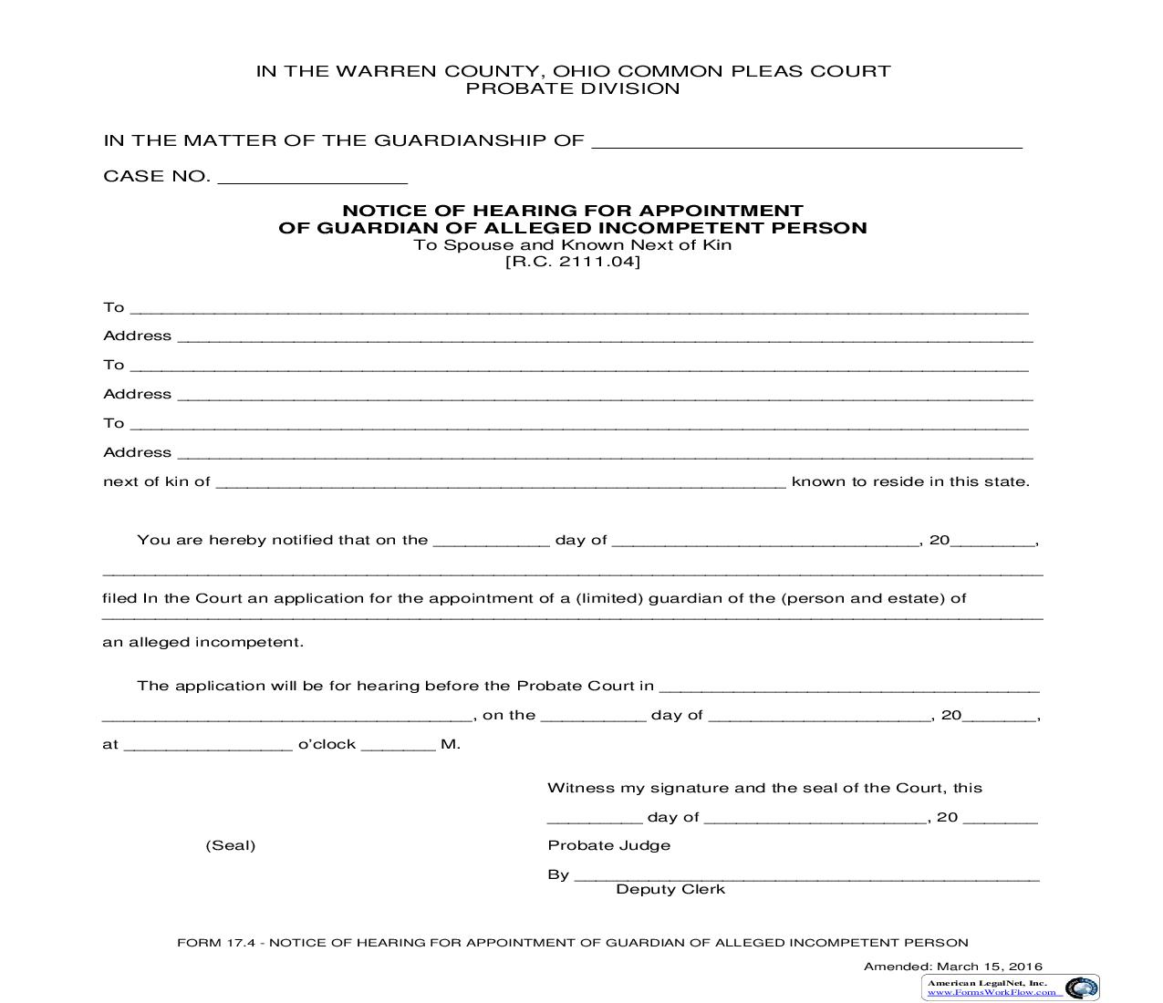 Notice Of Hearing On Appointment Of Guardian Of Alleged Incompetent Person {17.4} | Pdf Fpdf Doc Docx | Ohio
