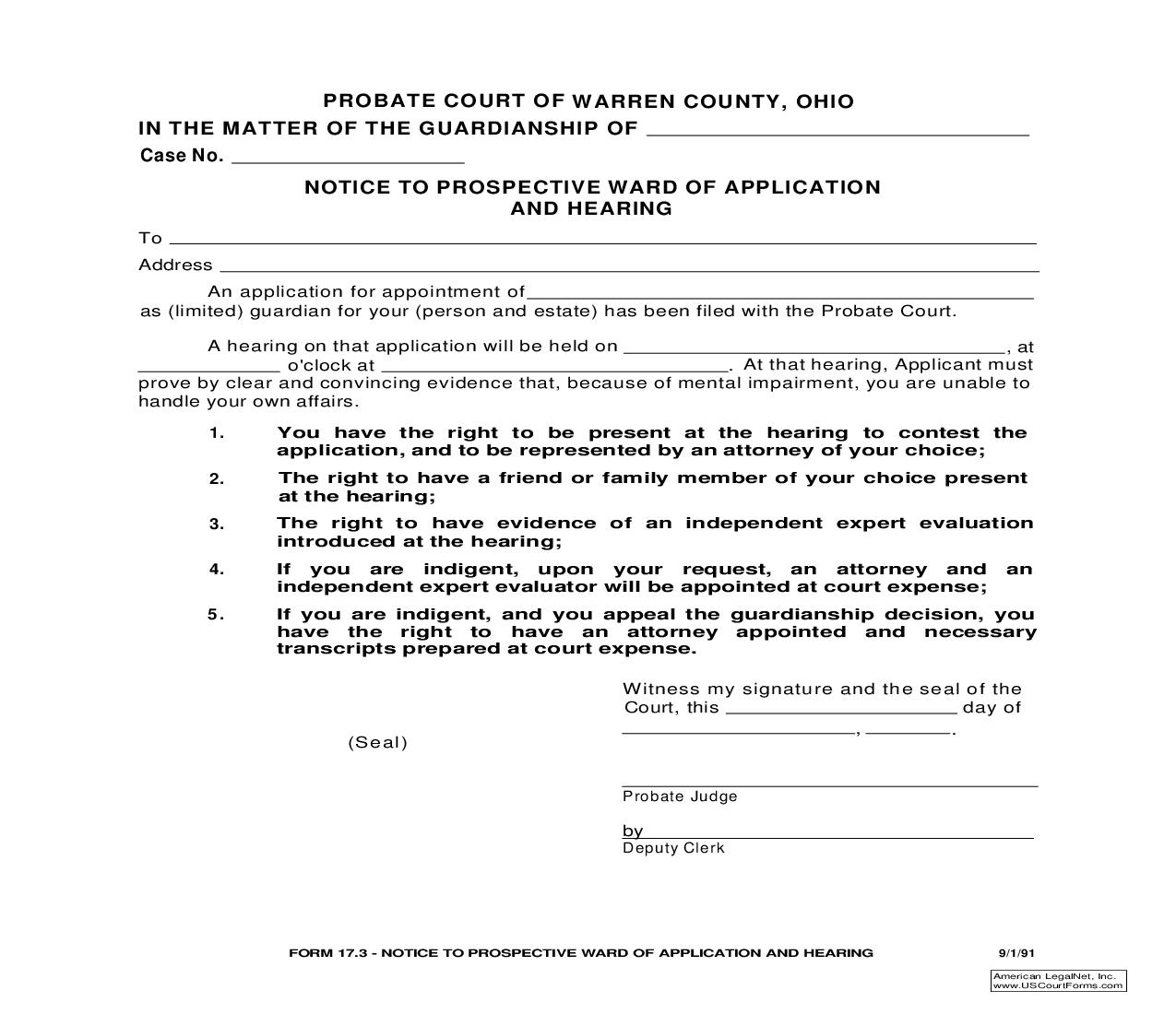 Notice To Prospective Ward Of Application And Hearing {17.3} | Pdf Fpdf Doc Docx | Ohio