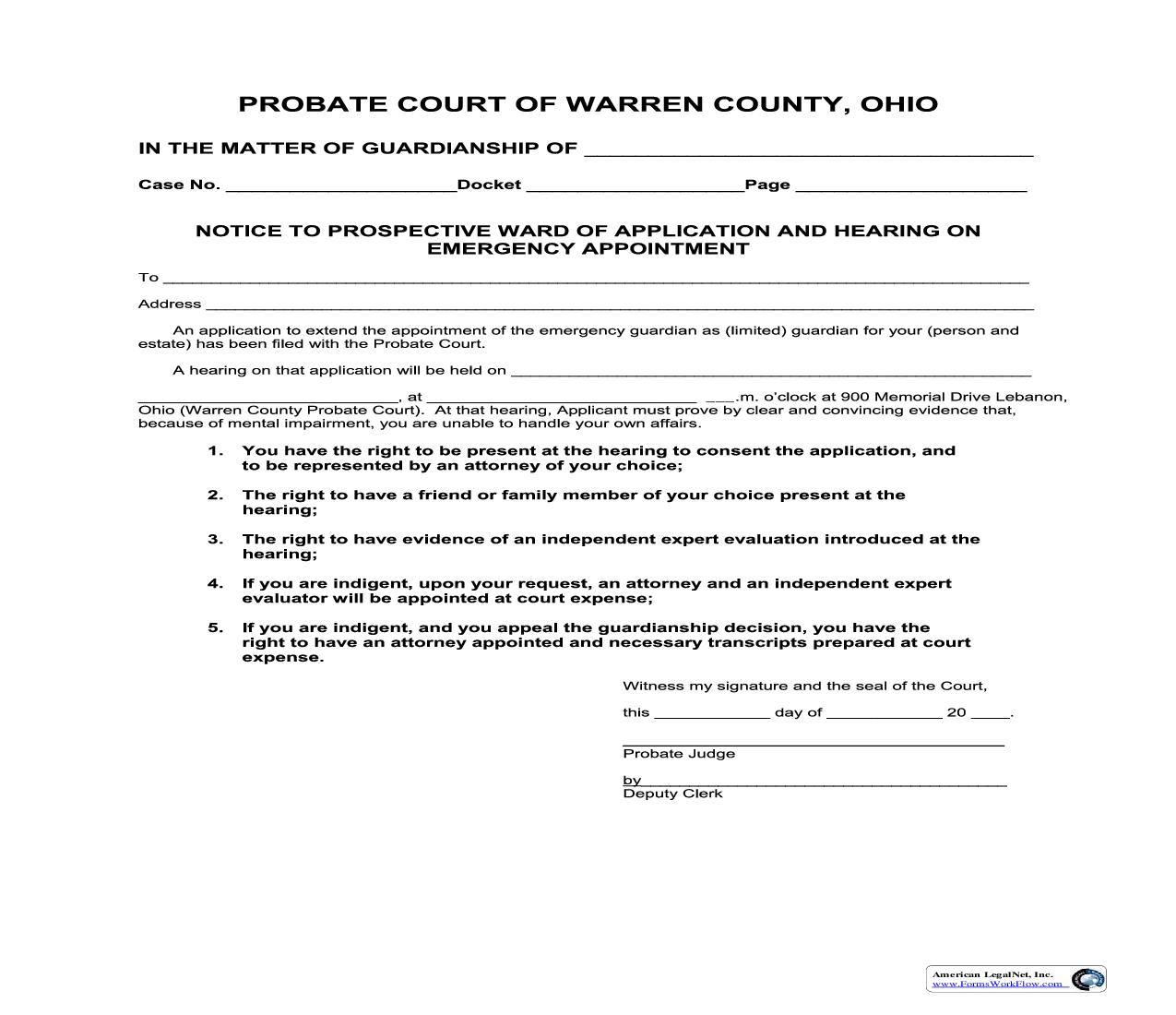 Notice To Prospective Ward Of Application And Hearing On Emergency Appointment | Pdf Fpdf Doc Docx | Ohio