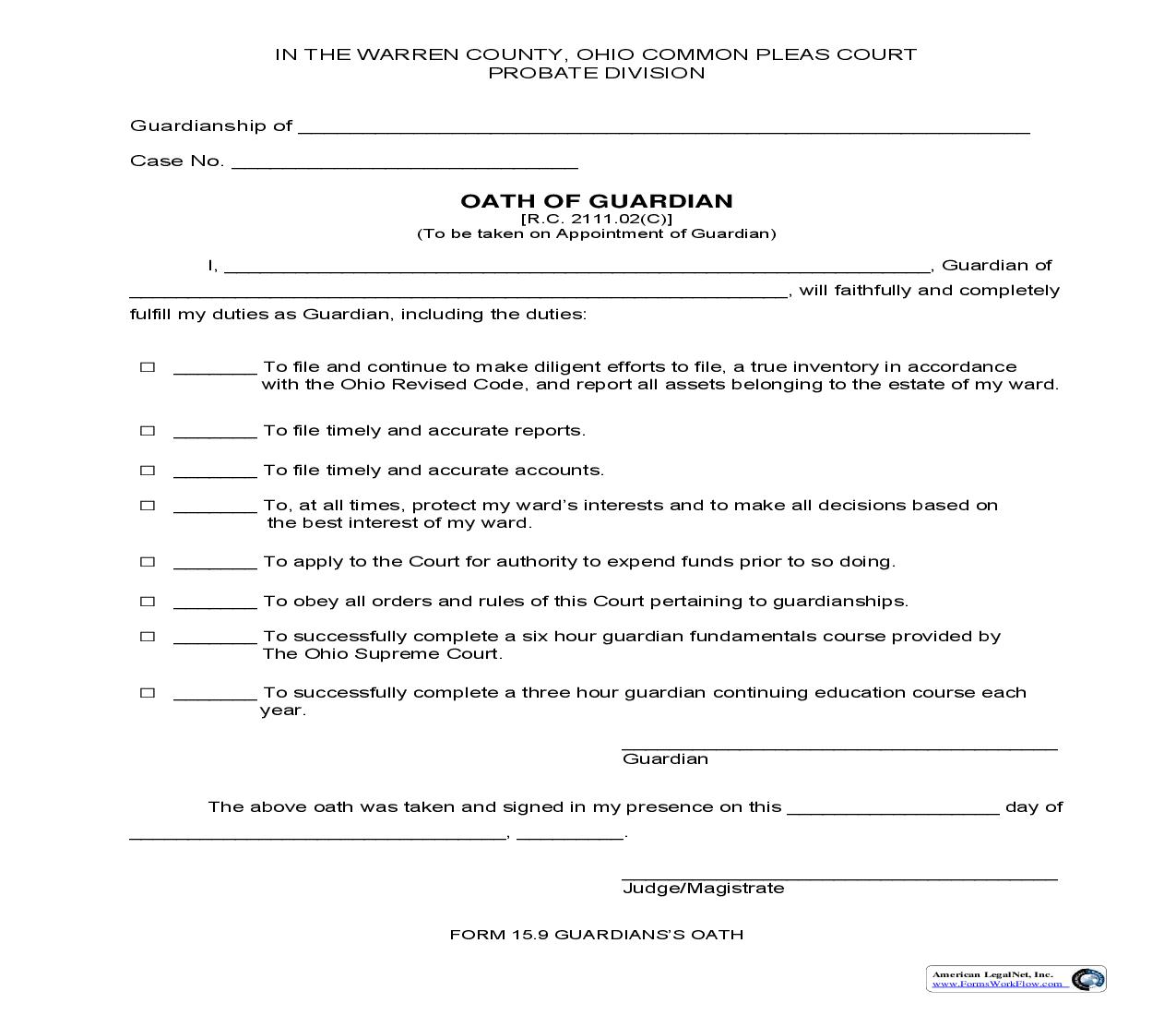 Oath Of Guardian {15.9} | Pdf Fpdf Doc Docx | Ohio