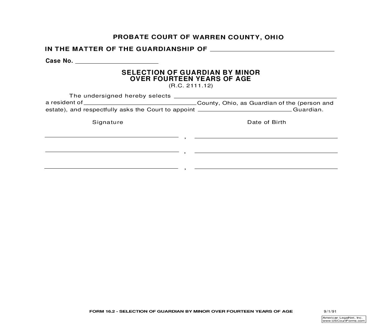 Selection Of Guardian By Minor Over Fourteen Years Of Age {16.2} | Pdf Fpdf Doc Docx | Ohio