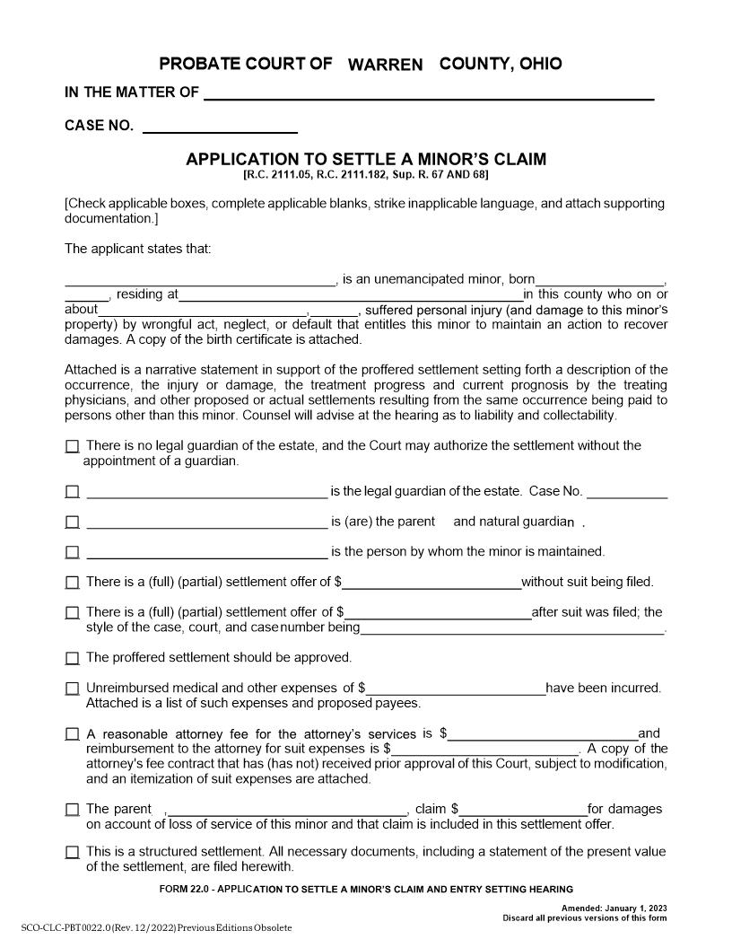 Application To Settle A Minors Claim {22.0} | Pdf Fpdf Doc Docx | Ohio