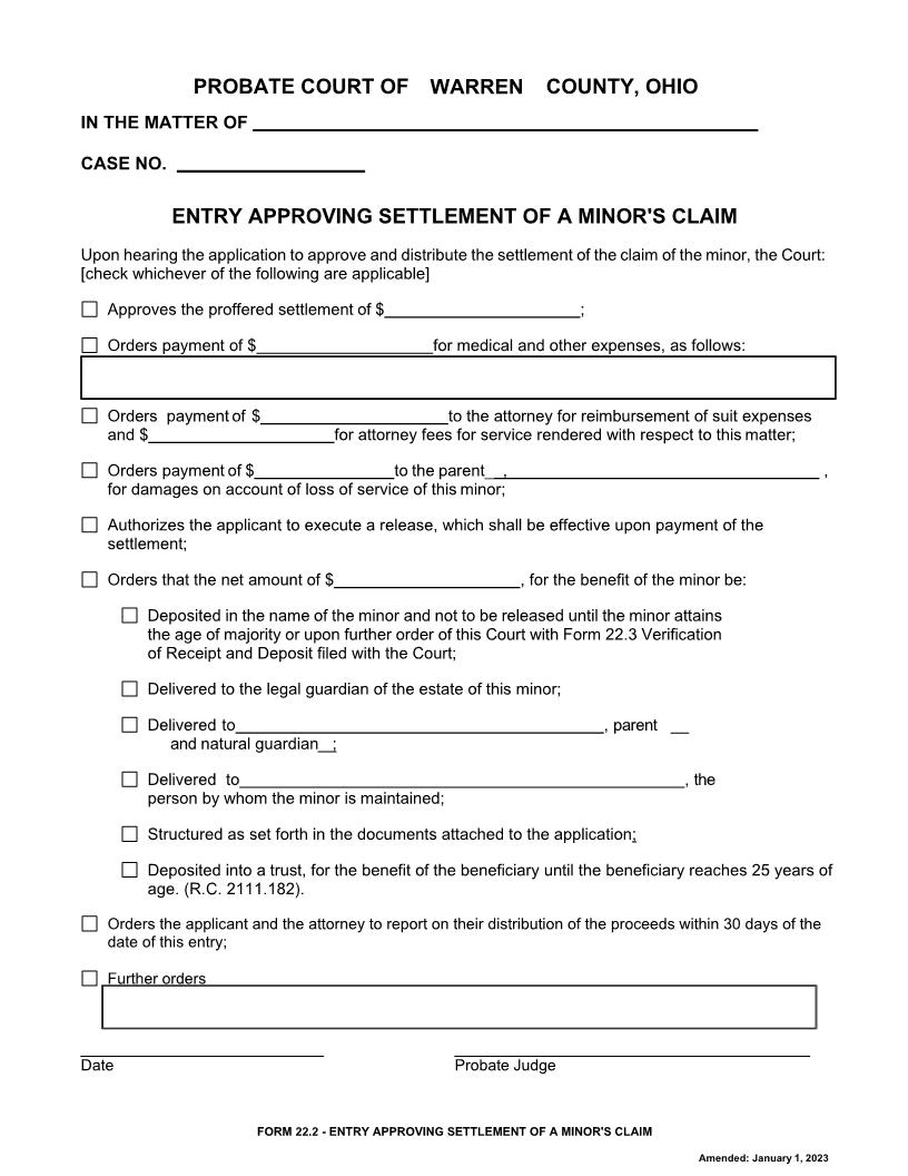 Entry Approving Settlement Of A Minors Claim {22.2} | Pdf Fpdf Doc Docx | Ohio